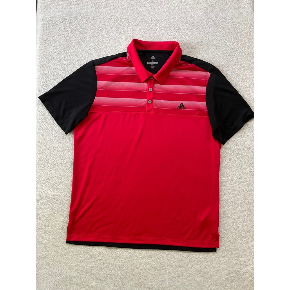 Adidas Mens Large Polo Shirt Red Black Striped Golf Performance Short Sleeve